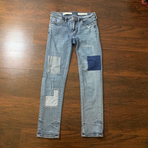 Pilcro & the Letterpress Anthropologie blue patchwork slim boyfriend jeans 25 - Picture 2 of 15